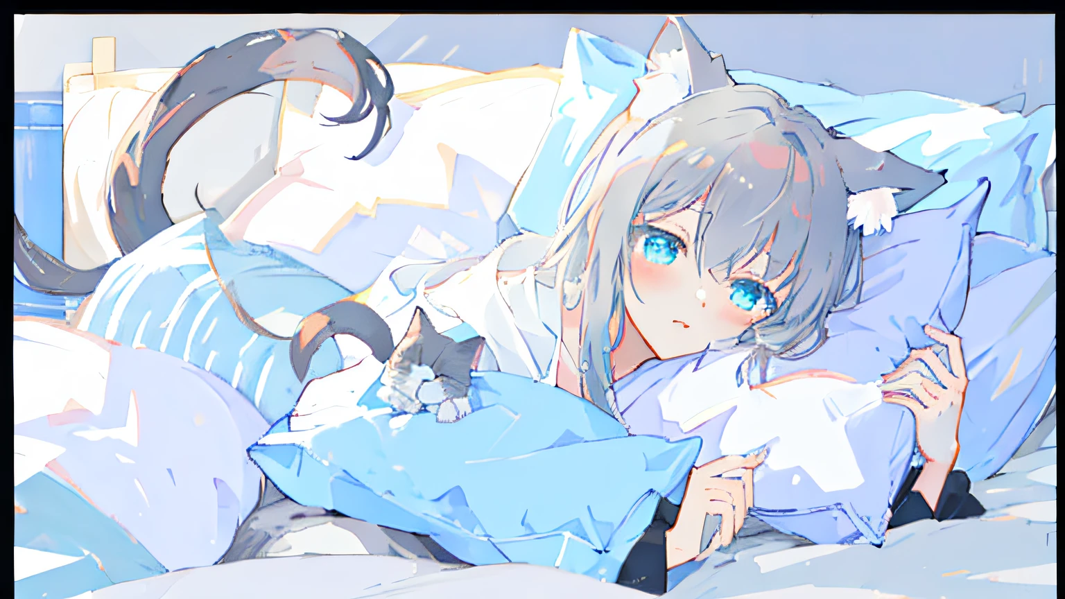 Anime characters lying in bed，There are cat pillows, anime catgirl, cute anime catgirl, beautiful anime catgirl, nightcore, anime cat, Very beautiful anime cat girl, very beautiful cute catgirl, nekomimi, soft anime, Highest rated on Pisif, anime moe art style, Soft anime illustration, Cute anime, Pisif, cat woman