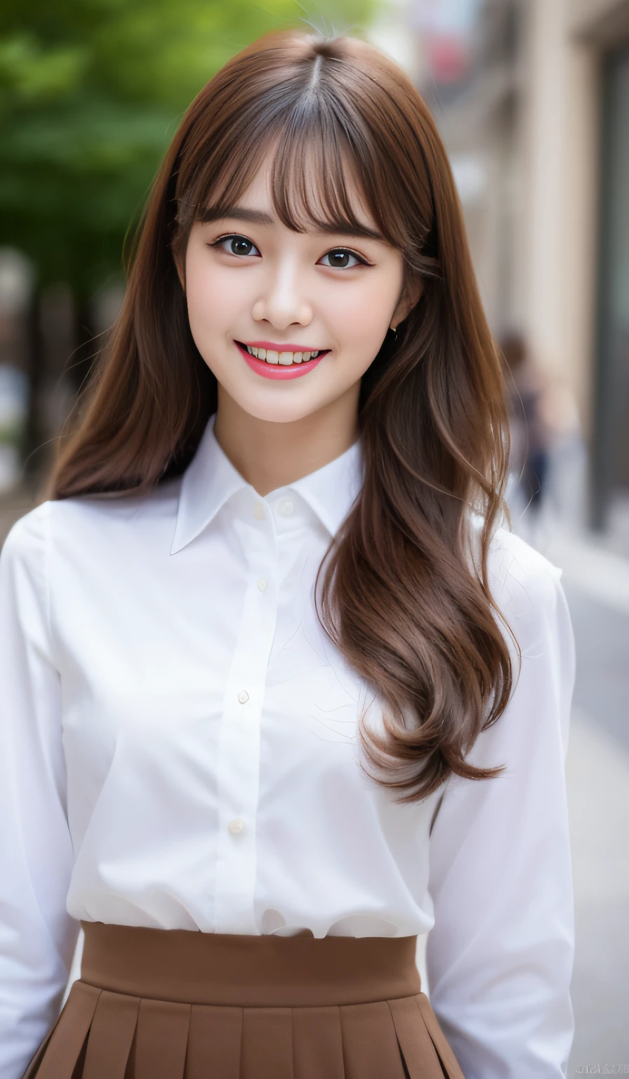 (high quality,realistic),A girl 22 years old,beautiful detailed eyes,beautiful detailed lips,natural light,soft smile,flowing brown hair,rosy cheeks,slender build,stylish outfit,confident posture,vibrant colors,bokeh effect,photo-realistic.