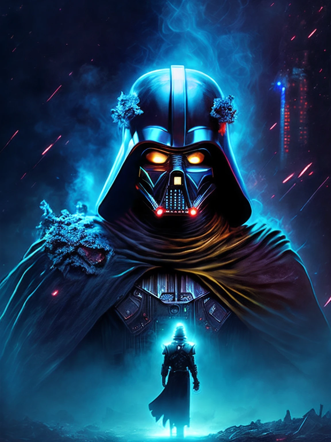 Retrato sombrio de Zombie Darth Plagueis de Star Wars, extremamente detalhado, futuristic cityscape, noite, glowing neon lights, smoke billowing, Sparks, Metal shavings, Detritos voadores, efeitos da energia azul, volumetric light