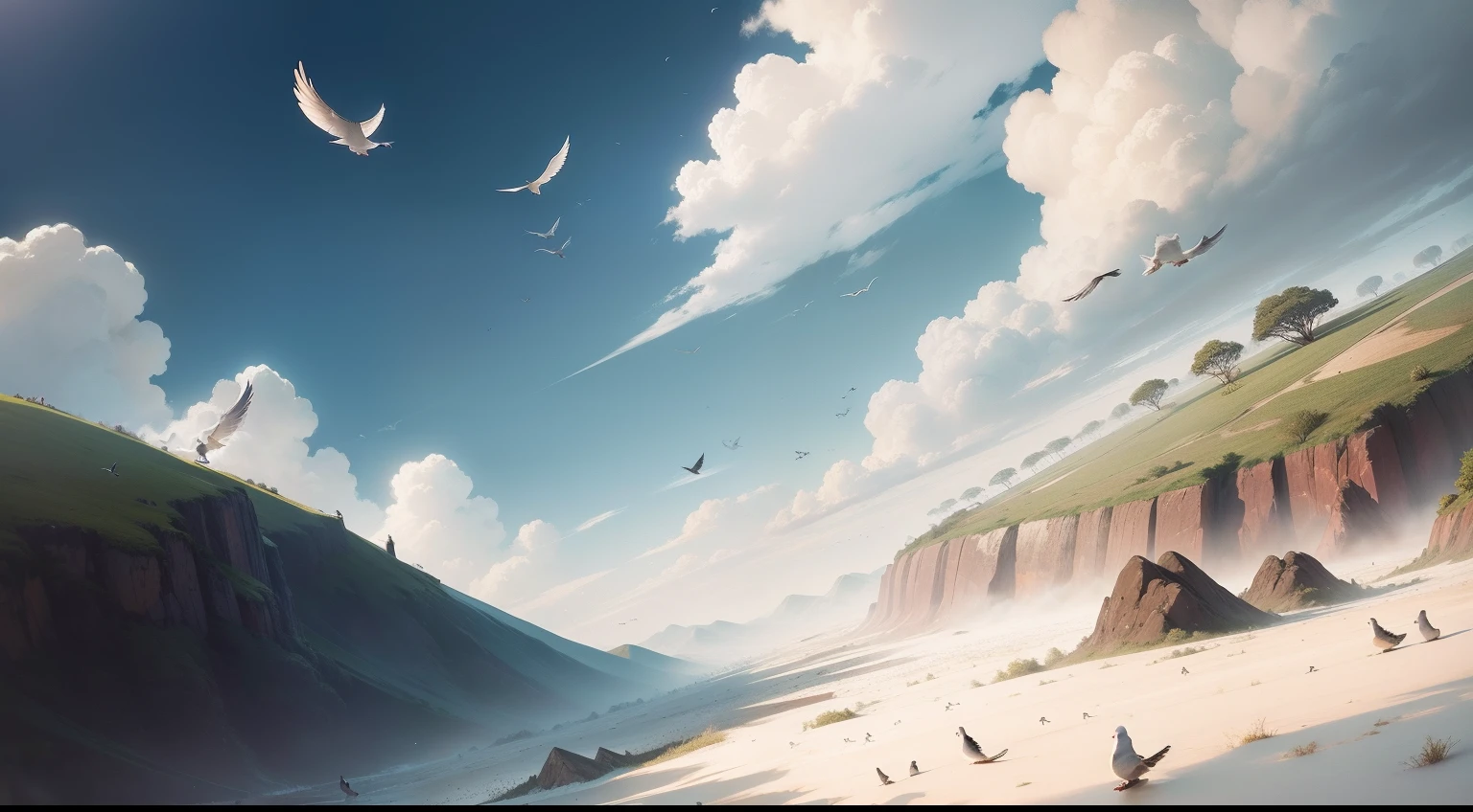 Many doves are flying together above an ant hill and hill is in flood