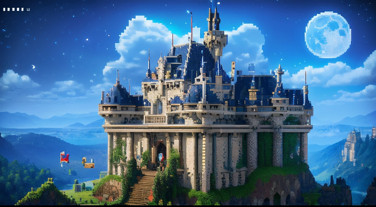 pixel game,scenography,fantastical scenes,Moon Night,Vampire Castle,levitating, Pixel art #pixelart