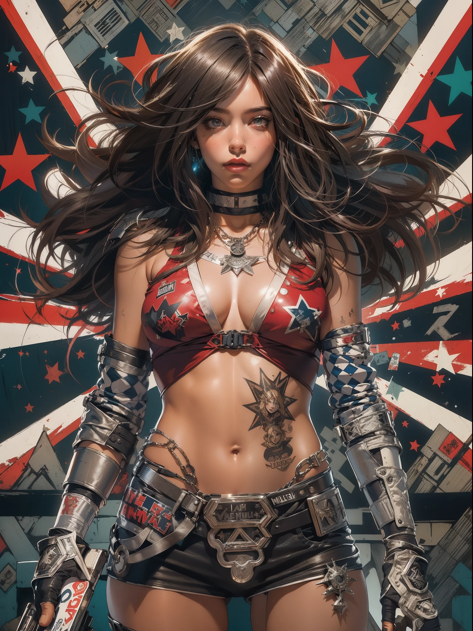 (((mulher))), (((melhor qualidade))), (((obra prima))), (((adulto))), (((1girl))), ((( corte de cabelo bob ))), Uma gladiadora cyberpunk mulher de 25 anos com corpo perfeito, shoulder pads with metal spines, Gladiadores do Brooklyn, (( corte de cabelo bob )), tiny leather panties, camiseta de time de rugby rasgada, quase nua no estilo selvagem urbano de Simon Bisley para a capa da revista Heavy Metal, Cabelo loiro curto, Minimum clothing, Metal protection on the left arm with intricate graphics, Dark red with white stars and white and navy blue checkerboard pattern, armadura, cheio de pontas e rebites, (((do joelho pra cima))), cabelos loiro branco curto, no fundo uma parede pintada por Shepard Fairey com um design intrincado