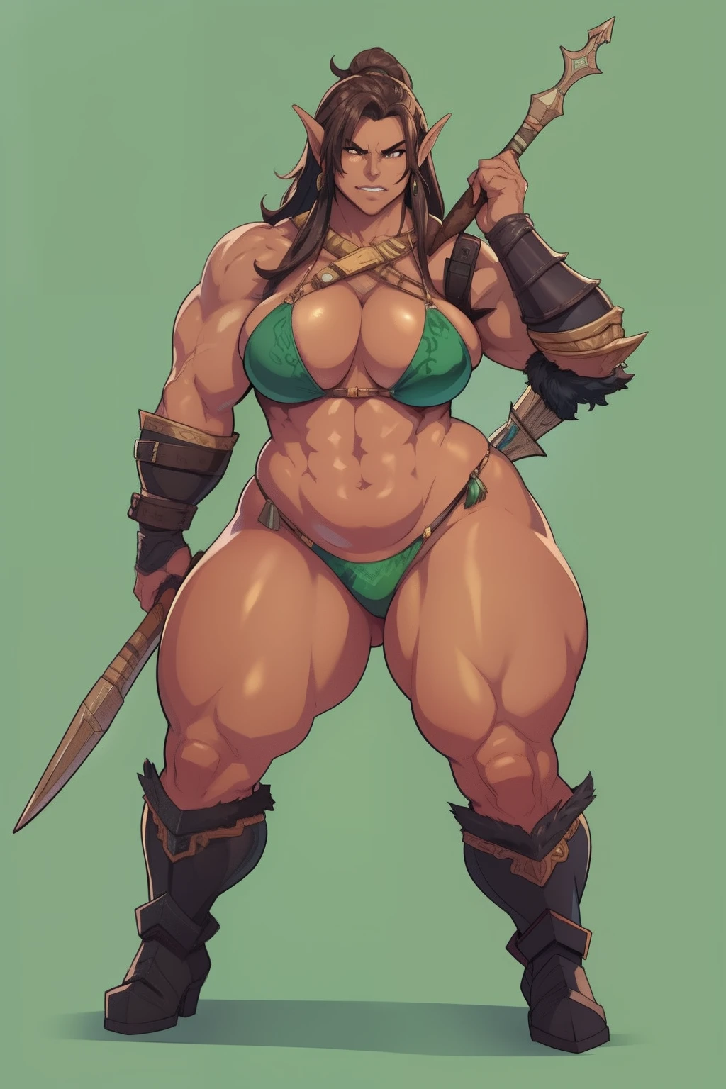 "high quality, strong and fierce orc barbarian in bikini armor with boots with dark brown skin, well-defined muscular legs and large hips" ((fullbody)) (solo)