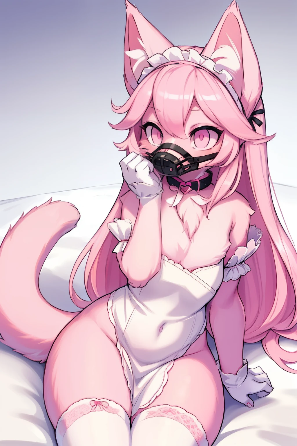 Master piece, perfect, highly detailed, (little hibryd anthro cat femboy), fluffy pink fur, ((pink eyes)), ((1))fluffy cat tail, pink long hair, tiny chest, (pink cat ears), wearing a pink collar, pink maid dress, silk white gloves, silk white thighhigh socks, wearing a pink muzzle, truemuzzle, eyesgod, niji, eyesgod, niji,