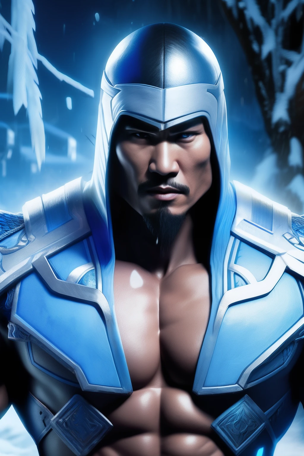 Cyber Sub-Zero、Men similar to Chow Yun-fat、The game is a Mortal Kombat character, Cyber Sub-Zero, Mortal Kombat, In battle Under construction, Preparing for a strike, ice background, Frozen tree on background, muscular body, (Athletic:1.07), For use, ninjartist, in full height, hight resolution, ighly detailed, hight resolution, 8K, Raw photo, Best Quality, masutepiece