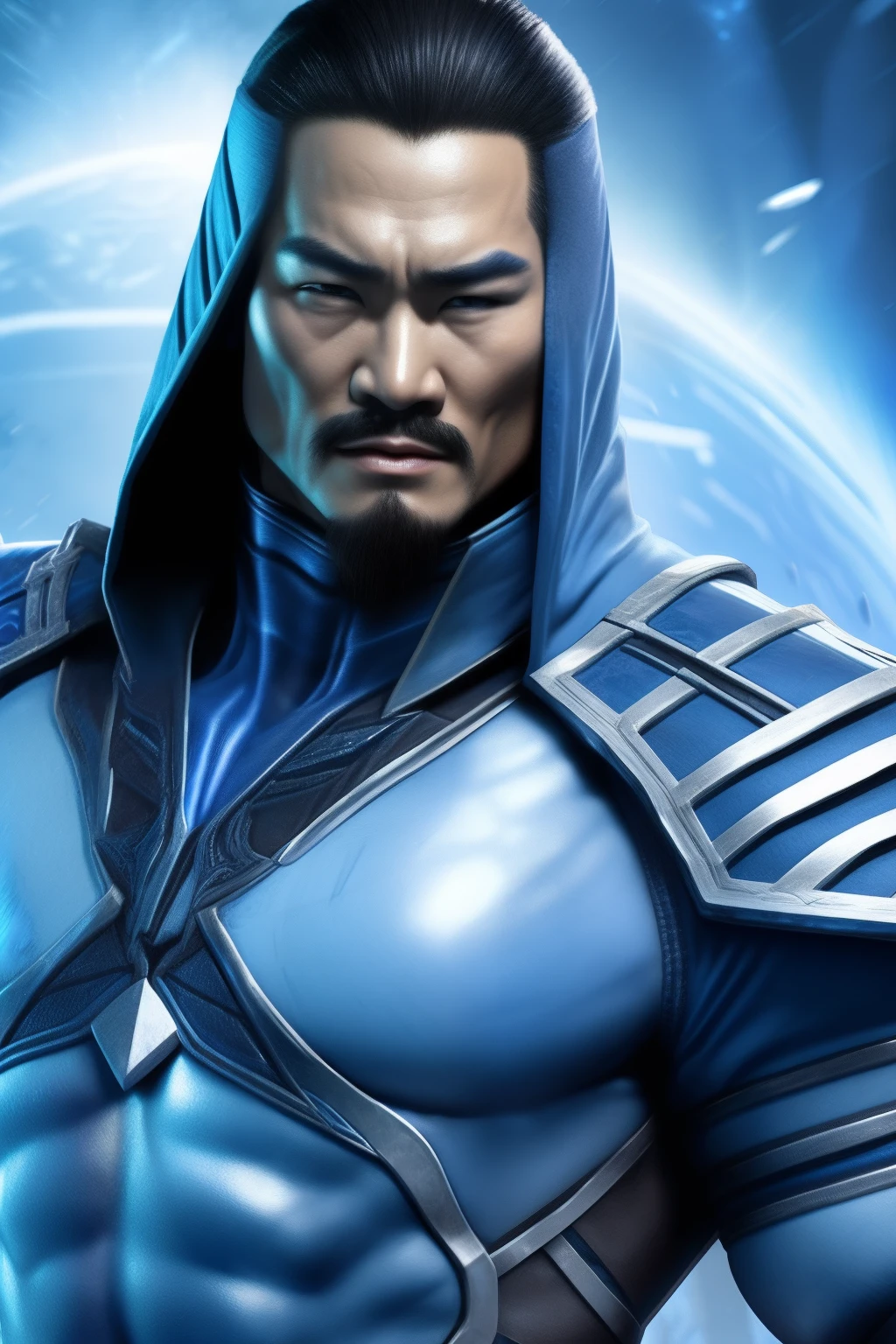 Cyber Sub-Zero、Men similar to Chow Yun-fat、The game is a Mortal Kombat character, Cyber Sub-Zero, Mortal Kombat, In battle Under construction, Preparing for a strike, ice background, Frozen tree on background, muscular body, (Athletic:1.07), For use, ninjartist, in full height, hight resolution, ighly detailed, hight resolution, 8K, Raw photo, Best Quality, masutepiece