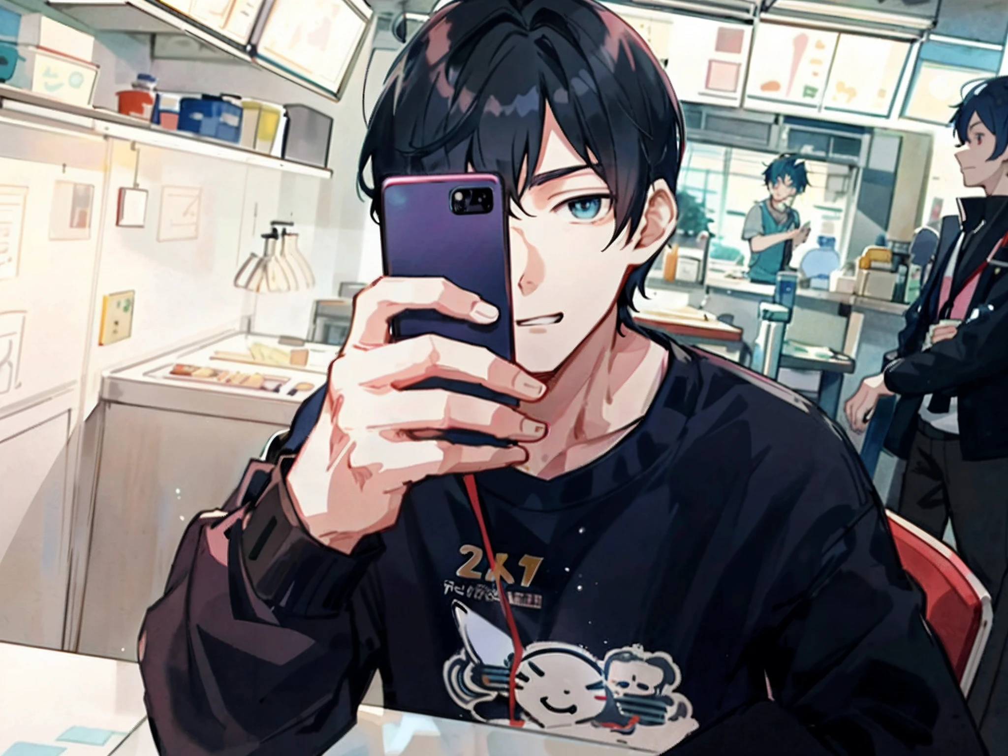 Anime boy taking selfie with cell phone in restaurant, Digital anime illustration, young anime man, Guviz-style artwork, Kawasi, Anime boy, Inspired by Bian Shoumin, Tall anime guy with blue eyes, High Quality Anime Art Style, Male anime style, By Yuumei, Handsome anime pose, in an anime style