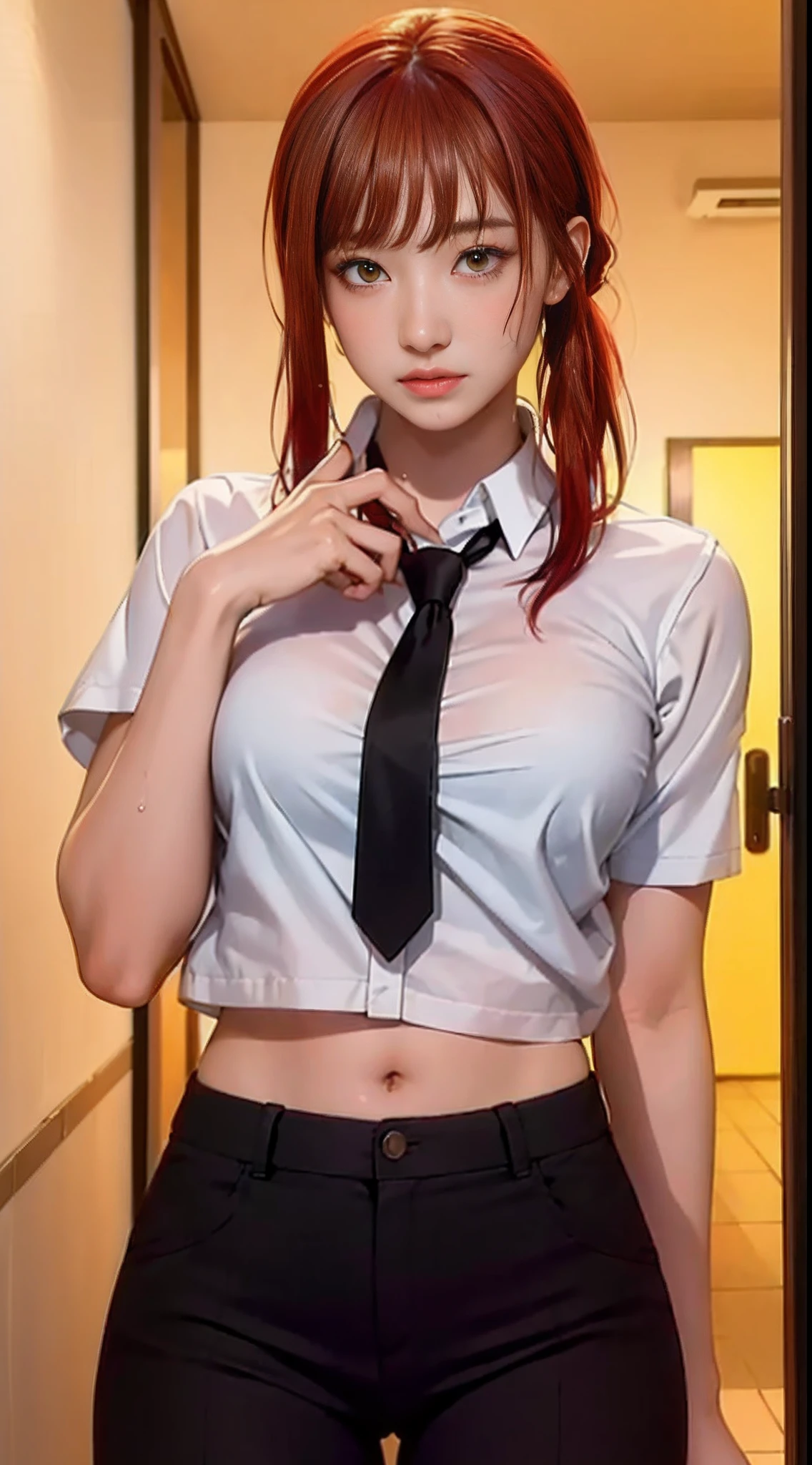 (masterpiece, best quality:1.2), solo, 1girl, red hair, yellow eyes, makima,, unbuttoned shirt with tie, on the chest, a lot of, black unbuttoned pants, wide hips, , wet, hot.