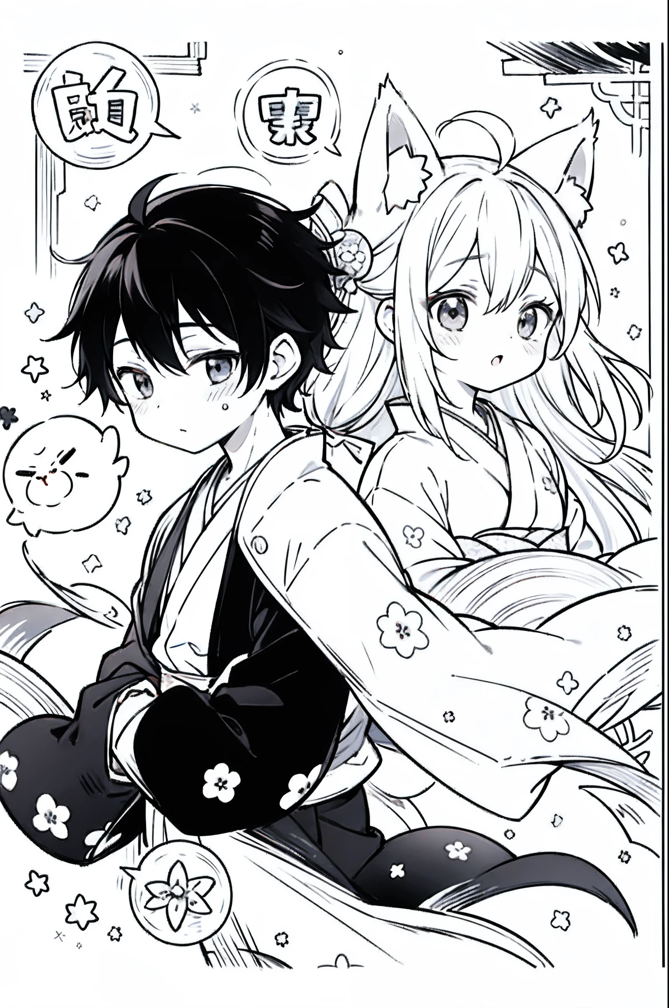 Multiple characters、Voice bubbles、Coma Split、(Cartoon cover)、cute little、Fox ears、((One-point color))、wear kimono、Romance manga、boy and girl、Romance manga、the wind、black hair girl