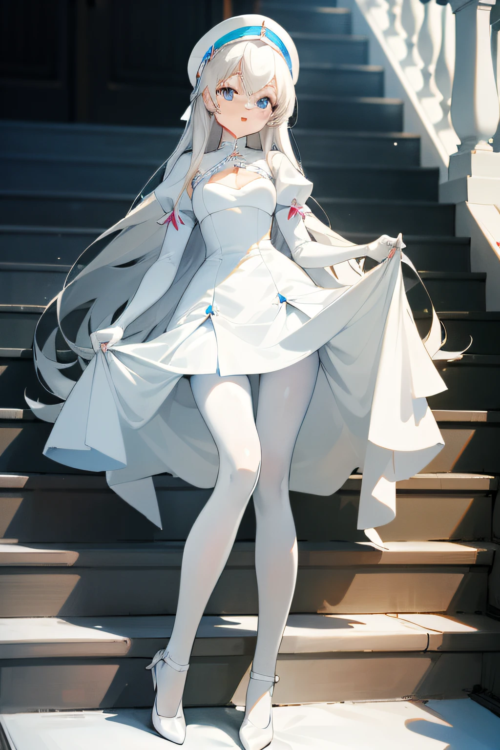 On the steps sat a woman in a white dress and stockings, Full length and white stockings, anime barbie in white stockings, White stockings, Stockings, White tights, Smooth translucent white skin, Wearing white tights, Guviz, 90mm, 9 0 mm, Silk stockings, pantyhose tights, smooth white tight clothes suit, pale milky white porcelain skin