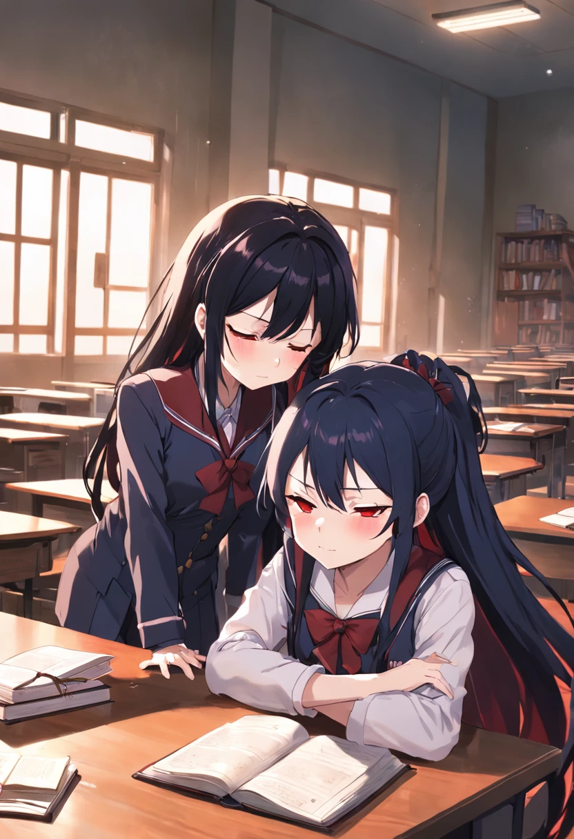 Anime girl with long black and red hair in class,The sum in his hand crawled on the table and fell asleep,At the same table is an anime boy with short black hair,Two high school students lay a stack of books in front of them,In case of teachers,Sit in a window seat,The sun is shining outside the window