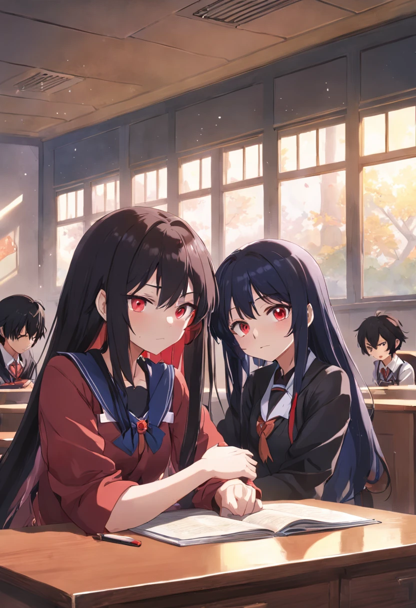 Anime girl with long black and red hair in class,The sum in his hand crawled on the table and fell asleep,At the same table is an anime boy with short black hair,Two high school students lay a stack of books in front of them,In case of teachers,Sit in a window seat,The sun is shining outside the window