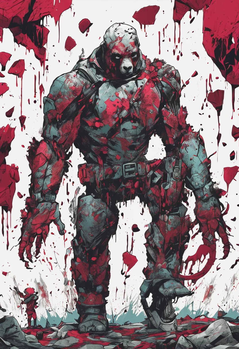 urso branco, with humanoid body with knife in hand and blood in it and splashes on the bear's body