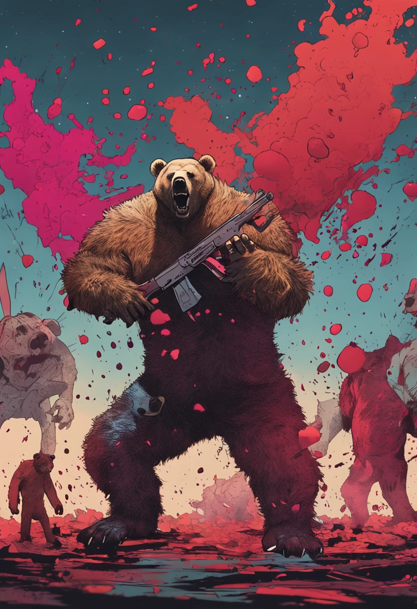 urso branco, with humanoid body with knife in hand and blood in it and splashes on the bear's body