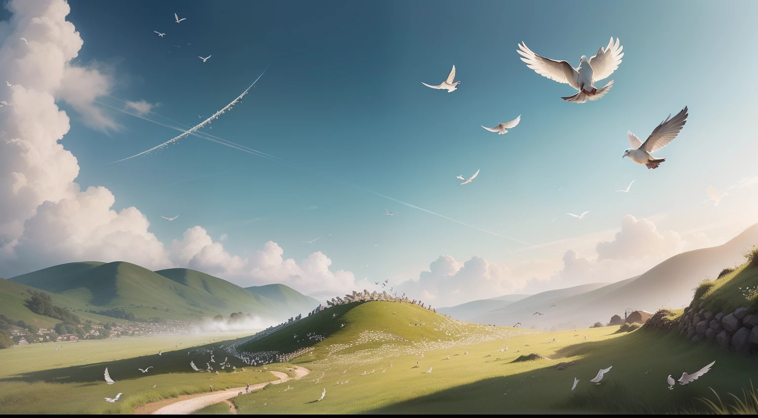 Many doves are flying together above an ant hill (it is in grassy area )and hill is in flood
