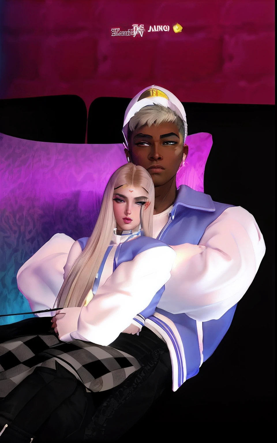 there is a man and woman sitting on a couch together, IMVU, KDA e Sam Yang, Avatar do Second Life, Charli Bowater e Artgeem, Nixeu e Sakimichan, Segunda vida, inspirado por Peter Alexander Hay, pose de casal, ! Movie Scene, inspirado em Wang Duo, ( ( pele escura ) ), Ruan Jia e Brom