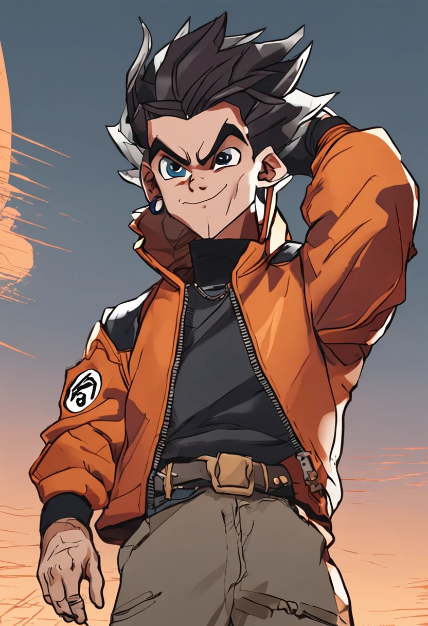 Dragon ball style,Pointed middle finger pointed at head,olhos castanhos,barba longa, cabelos longos, Topknot, sorridente, leather jacket, Capsule logo on jacket