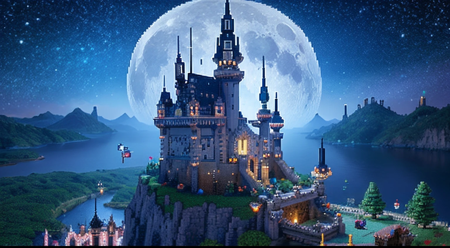 pixel game，scenography，fantastical scenes，Moon Night，Vampire Castle，levitating， Pixel art #pixelart