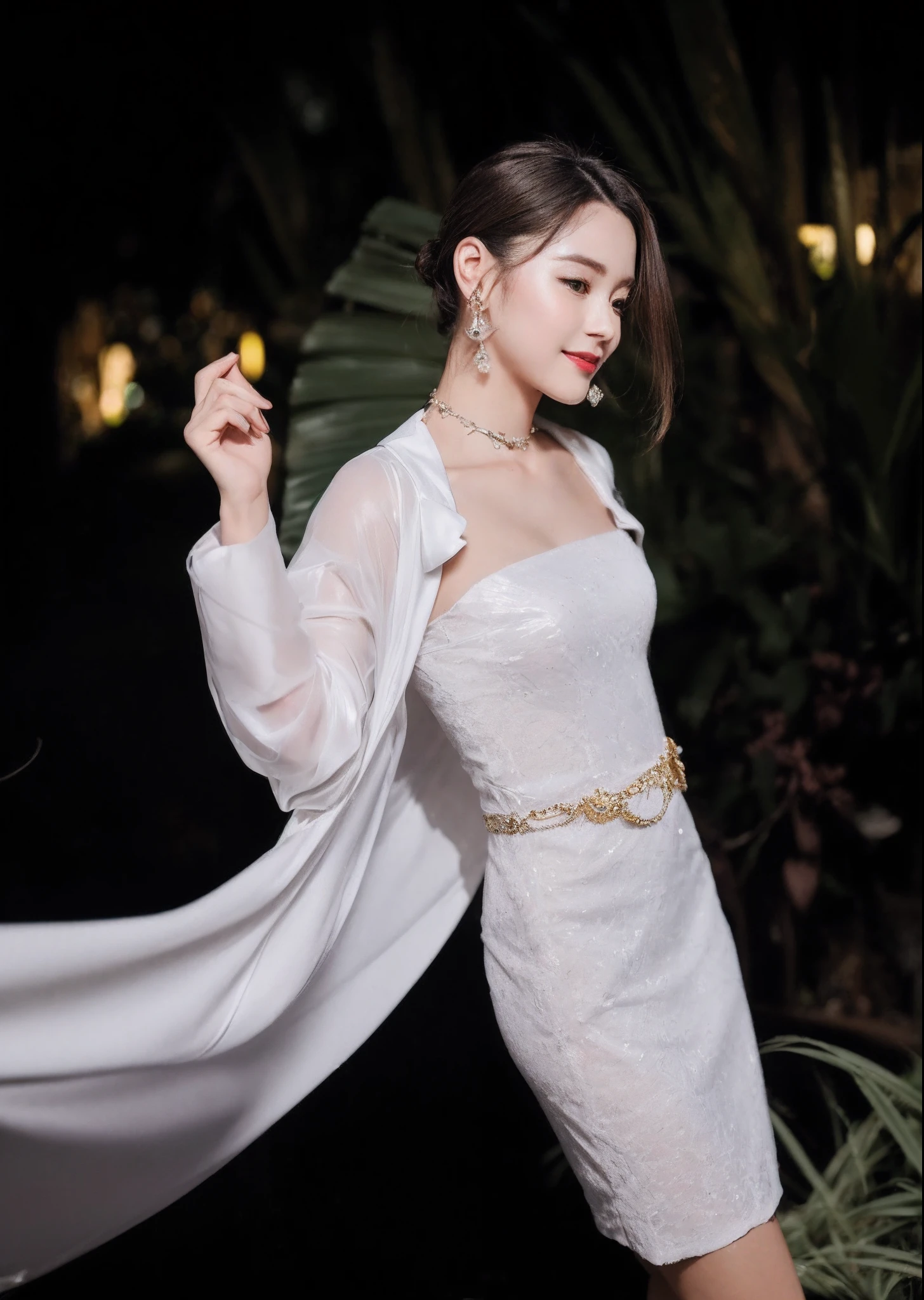 (8K, RAW photo, Photorealistic:1.25) ,( Gloss on lips,glossy finish, Glossy glossy skin, Best quality, 超A high resolution, color difference, Caustics, Wide light, naturalshadow) look with serenity and goddess-like bliss to the spectators,(depth of fields:1.6), (colorful unfocused lights on background:1.2) ,very natural make-up,Cloudy day shooting . slender eyes.downcast eyes. A distant look in her eyes、Smile，(Gorgeous summer dress)(Fashion professional model)、Radio City、Medium hair