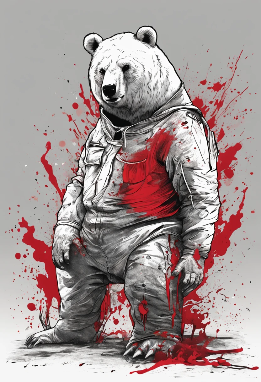 urso branco, with humanoid body with knife in hand and blood in it and splashes on the bear's body