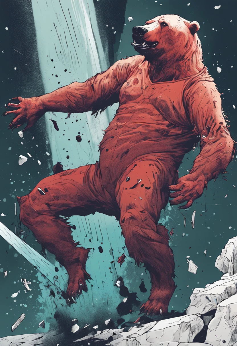 urso branco, with humanoid body with knife in hand and blood in it and splashes on the bear's body