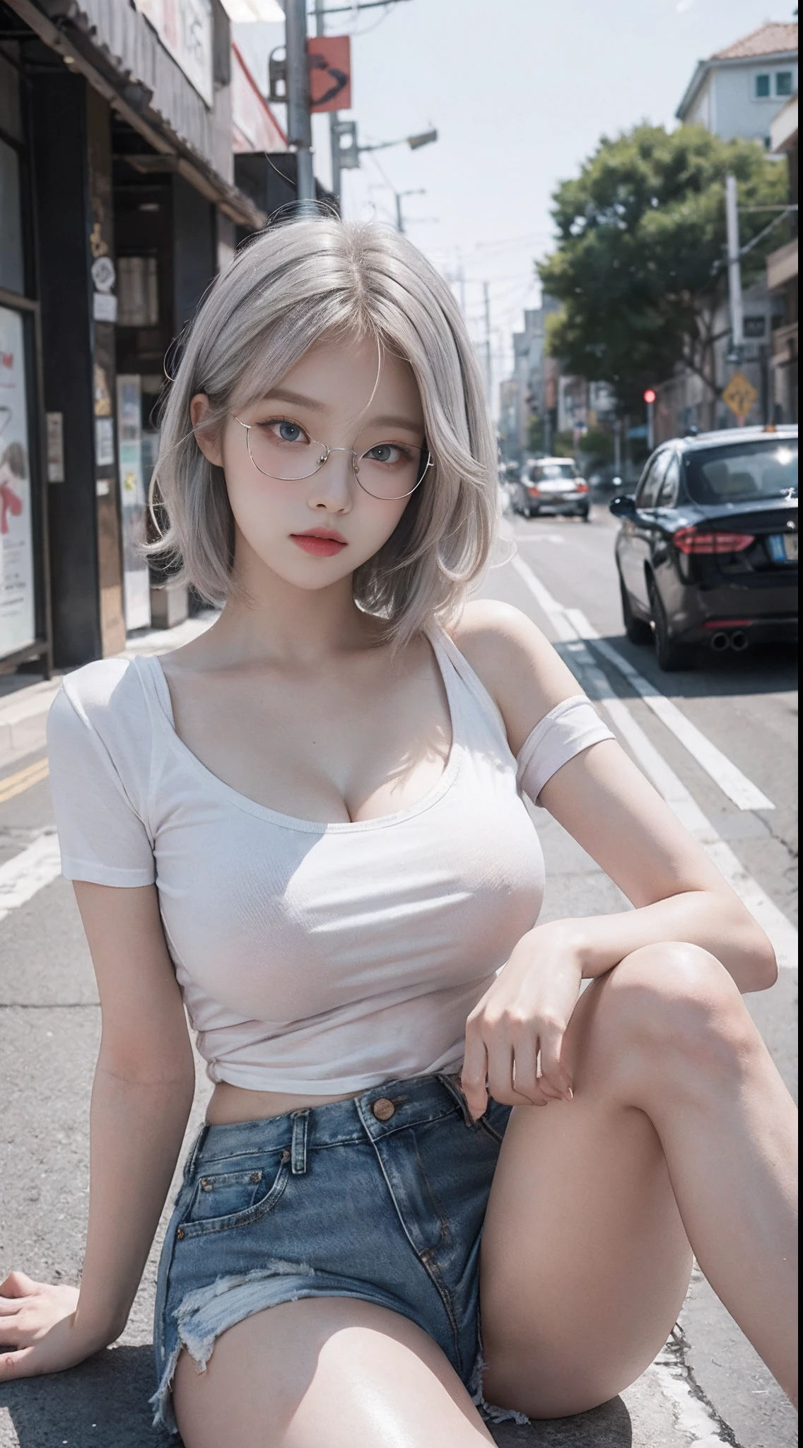 Top image quality、Raw photography、超A high resolution、18-year-old Korean、Glasses beauty、Colossal tits:1.5、cleavage of the breast:1.5、fair white skin、shiny white skin、(short bobbed hair)、((bright silver hair、bright white hair))、Beautiful eyes with random colors、very thin lips、beautiful eyes finely detailed、elongated eyes、pale pink blush、long eyeslashes、Beautiful double eyelids、eyeshadows、耳Nipple Ring、(Fashionable glasses、white tee、denim short pants、Beautiful legs、Attractive thighs)、street snap、caps、Emphasis on the thighs、Exposed shoulders、Pose to sit and show your legs