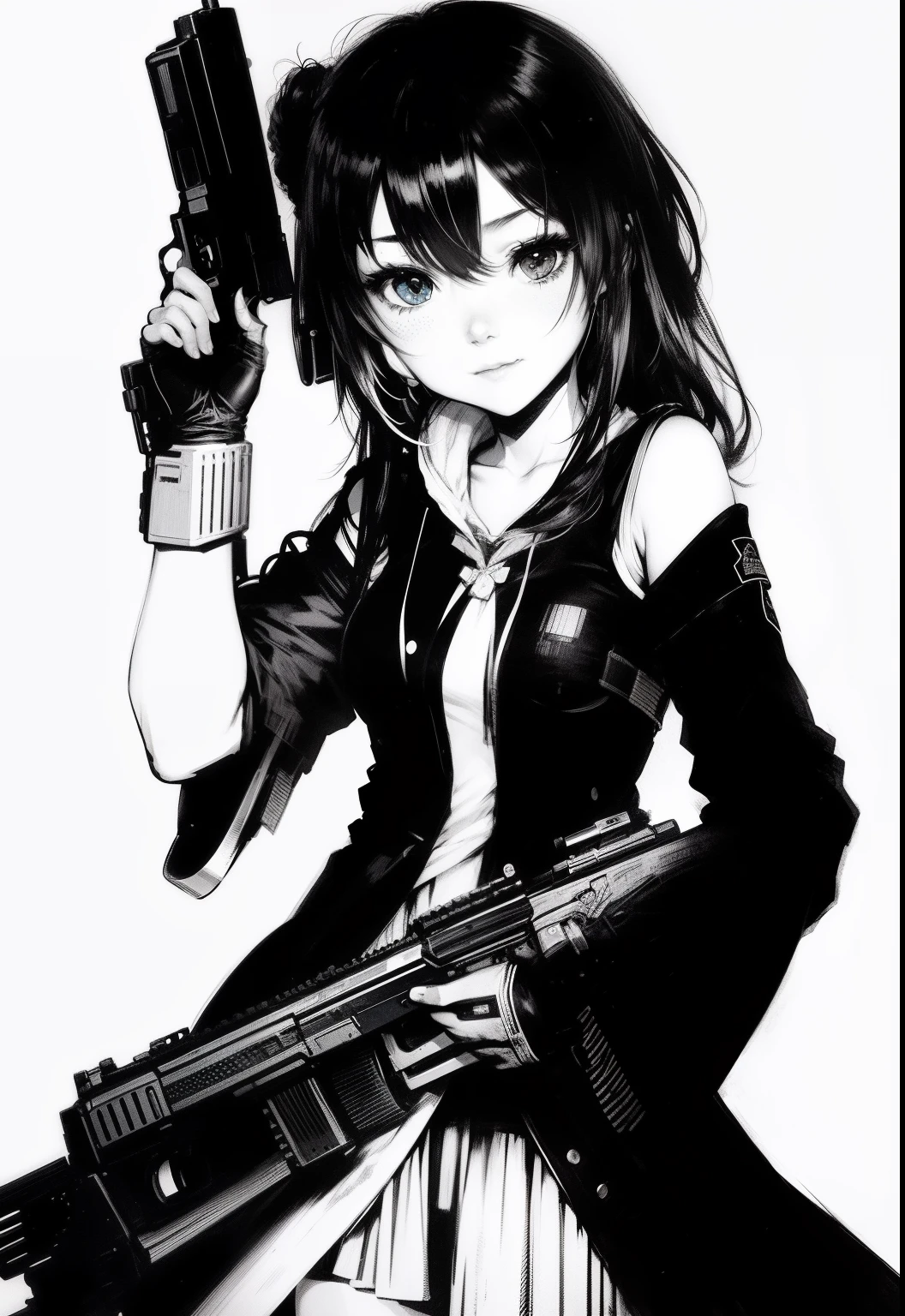 Anime girl holding a gun and a gun in her hand, Guweiz, Arte no estilo de Guweiz, foto colorida artificialmente, Crotchet, arte, Loli, colorful manga style, protagonista feminina 👀 :8, com uma arma, Rei Kawakubo obra de arte, Estilo anime misturado com Fujifilm, sarcastic smile