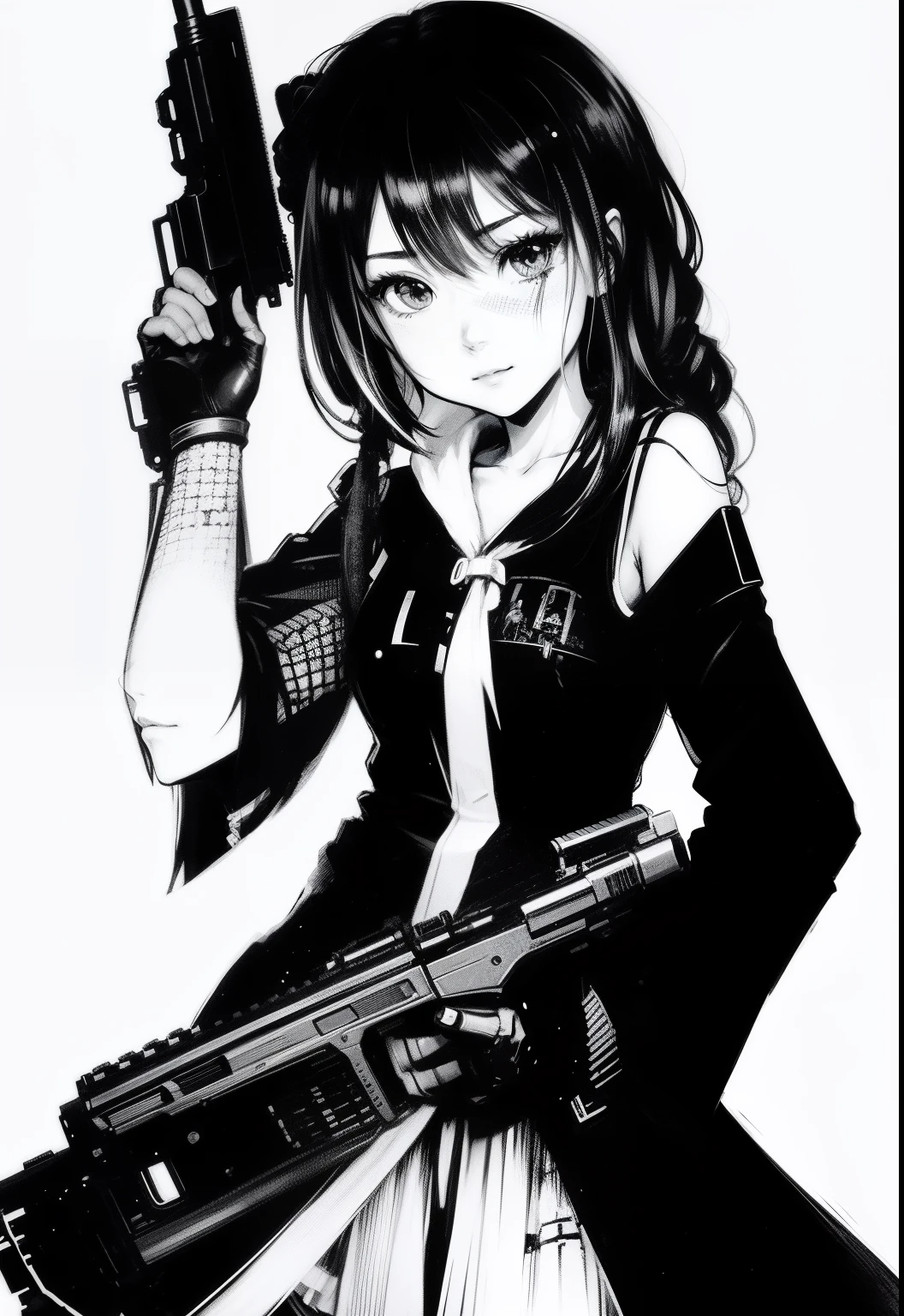 Anime girl holding a gun and a gun in her hand, Guweiz, Arte no estilo de Guweiz, foto colorida artificialmente, Crotchet, arte, Loli, colorful manga style, protagonista feminina 👀 :8, com uma arma, Rei Kawakubo obra de arte, Estilo anime misturado com Fujifilm, sarcastic smile