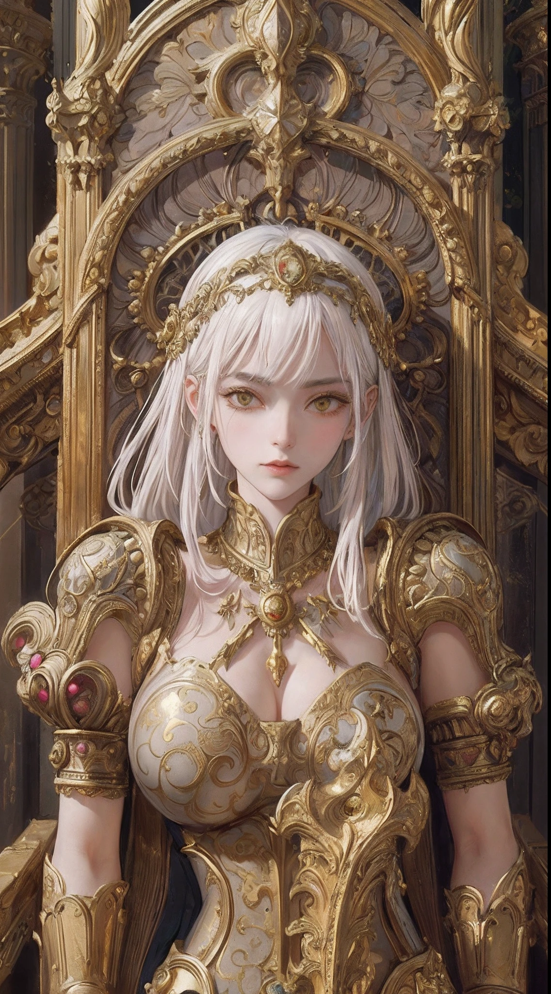 medieval fantasy, (masterpiece, best quality), (from front:1.4), full body, (1girl, solo), white hair, gold eyes, throne,
((in kingdom, Baroque architecture with majestic and ornate, intricate detail,
curved and concave style design, gilded elements and bronze embellishments elaborate decoration, Marble Decorations)),