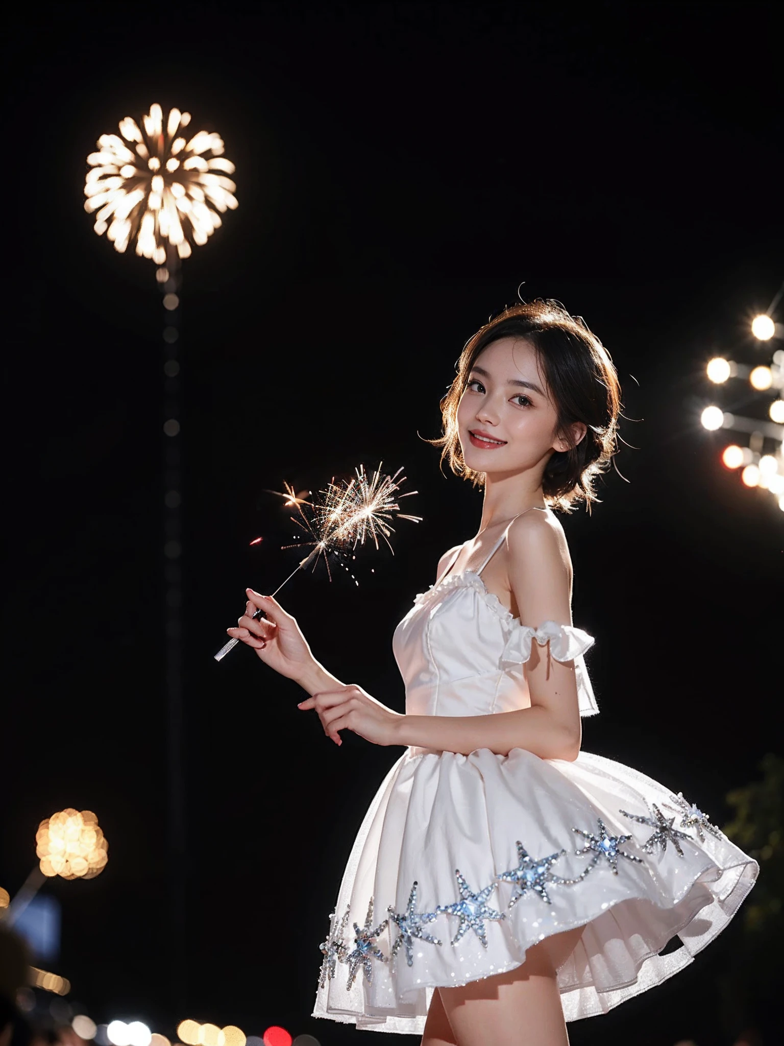 ((smallunderboob,Tomboyish,small heads)), (Well-defined abs: 1.1), (perfect bodies: 1.1), (shoulder-length straight short hair: 1.2), Black hair, upper body photos, attractive collarbone，（极其细致的CG 8k壁纸），（Extremely refined and beautiful），（Masterpiece），（best qualtiy：1.0），（超高分辨率：1.0），beautiful light up，Perfect lightning，realistic shaded，[A high resolution]，Smooth and flawless fair skin，ultra - detailed ，Elongated legs，flatchest，Slim，emaciated，Smile，cheerfulness，Gorgeous fairy tale princess ta dress，White crystal high heels,Holding Fireworks Stick in hand，summer，night，At Disneyland，Large fairytale castle，Fireworks all over the sky，Clear starry sky，Close-up，cowboy shot