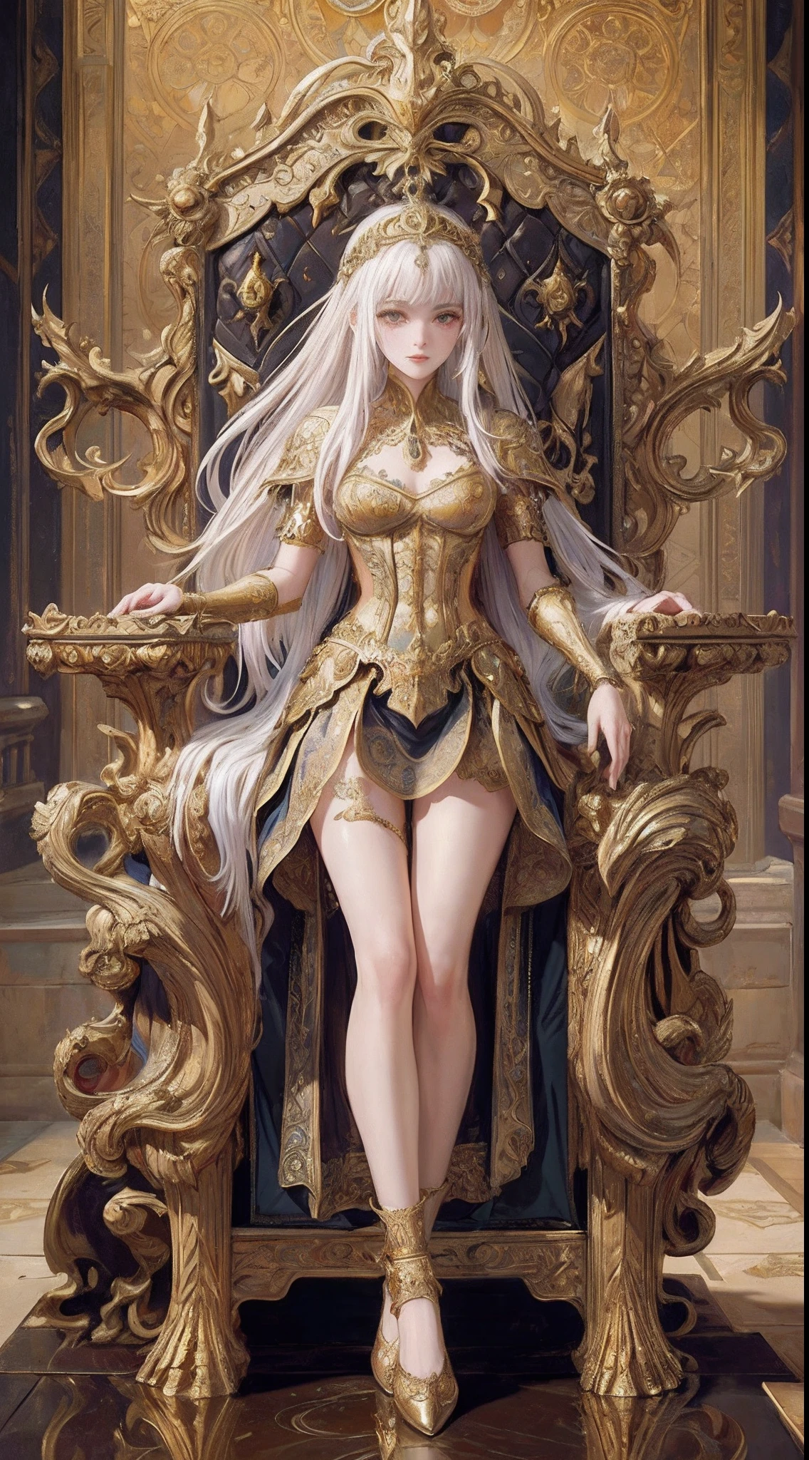 (best quality)), ((Masterpiece)), (details:1.4), 3d, HDR (high dynamic range), an image of a beautiful cyberpunk female, fantasy, Cyberpunk, Blonde hair, Long hair, Full body, Beautiful white eyes, จมูกโด่ง, ปากแดง, หน้าอกใหญ่, nvidia RTX, PBR surface, After processing, Anisotropic filtration,depth of field, Maximum clarity and clarity, multi-layered surface, Subsurface scattering, perfect proportions, 8K raw files, ultra detailed, Perfect proportions, soft lighting, Holy Knight, Heavy Silver Armor, Golden dress, glossy skin, intricate silver embroidery, Throne background, jewely, ต่างหู, นิ้วมือสมบูรณ์,