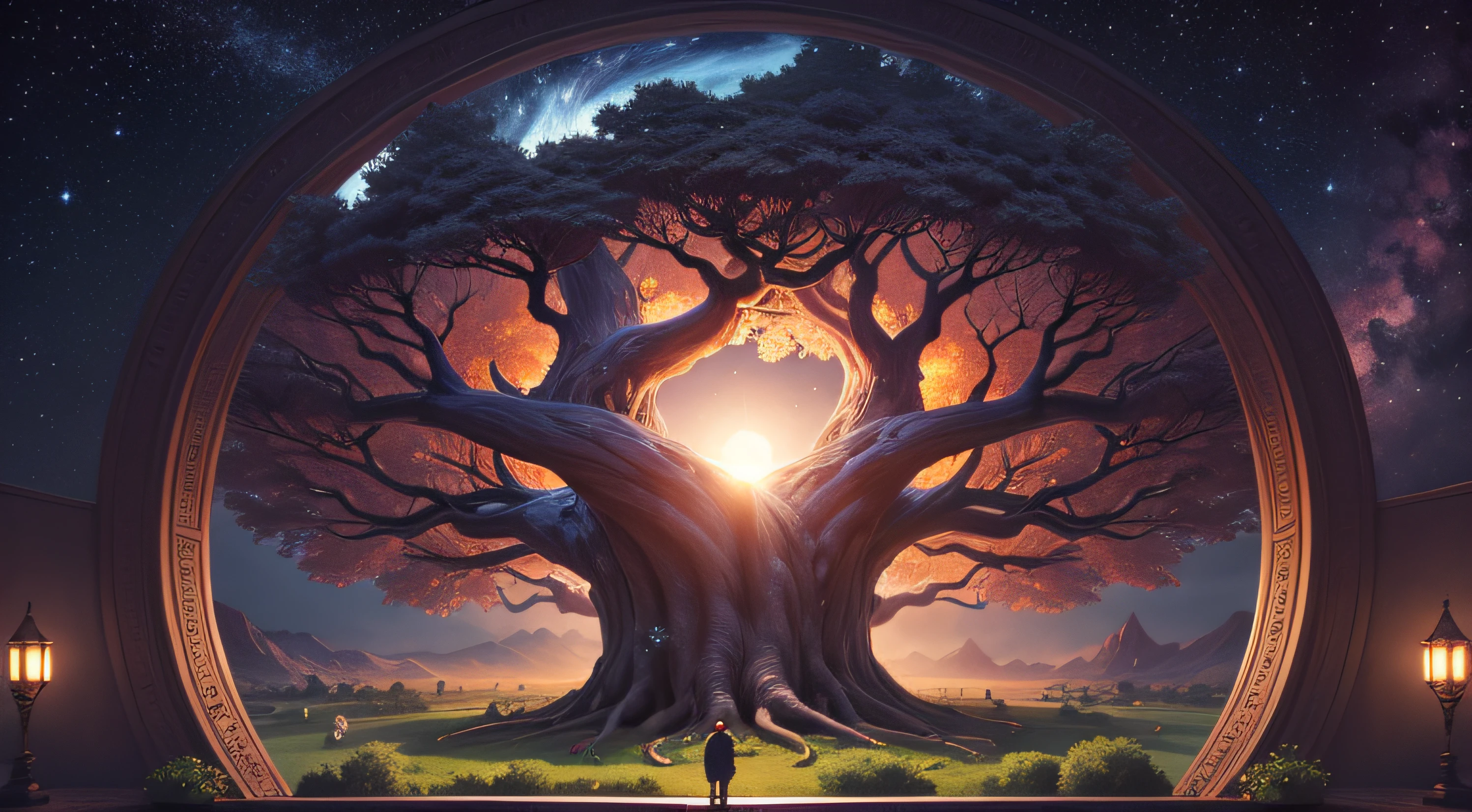 no centro da imagem, a grand Tree of Life. In the background a majestic celestial gate. Around the tree, pessoas contemplando sua beleza, impressionante, enigmatic, clear.