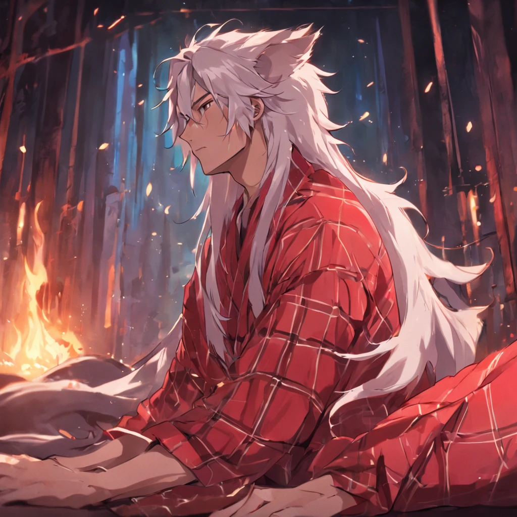 By bebebebebe, by spuydjeks, by buta99, by spikedmauler. muscular human male with long white hair, has wolf ears, has wolf tail, shirtless, wearing red plaid pajama pants, relaxing in bed