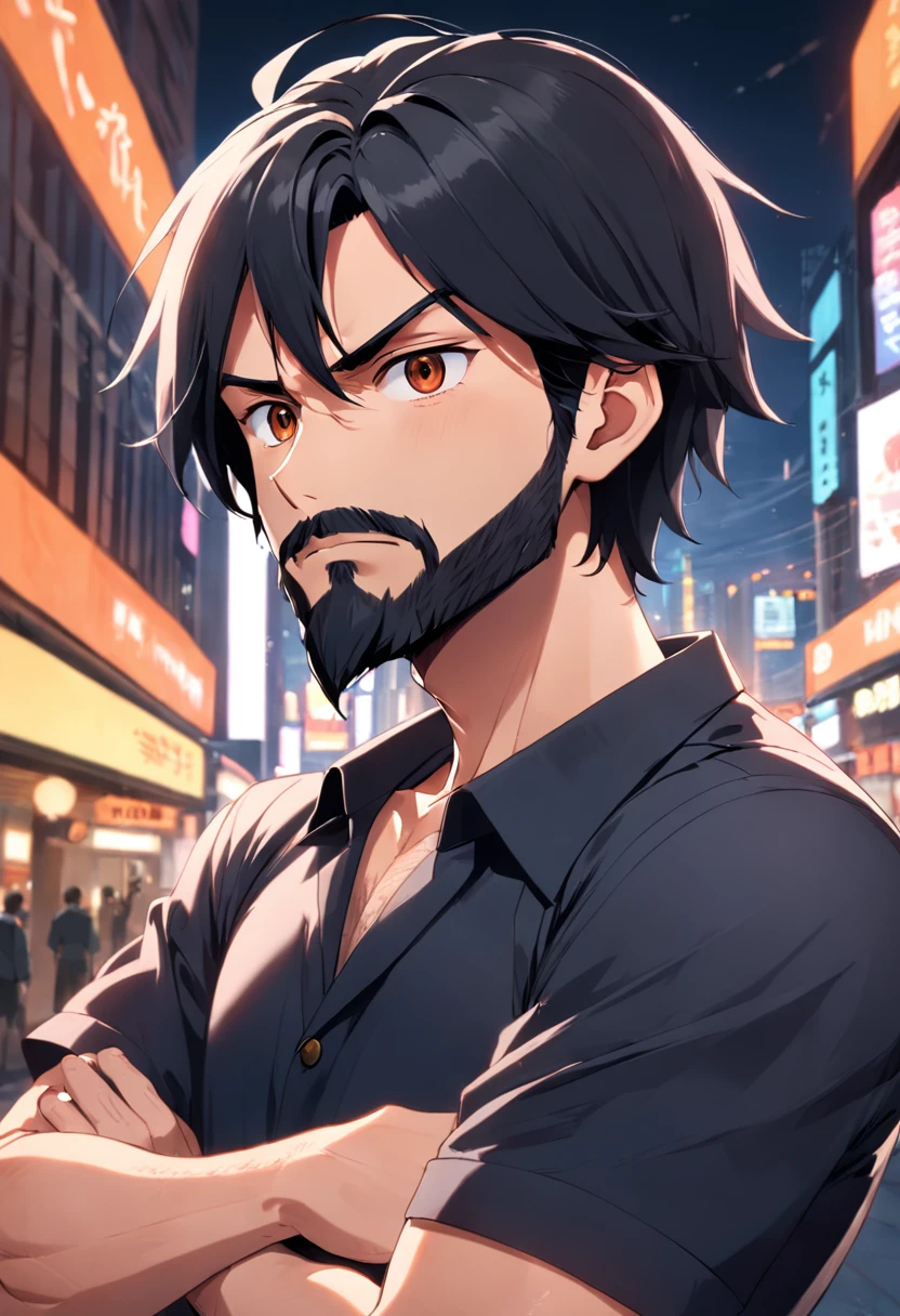 anime boy, forelock combed to the left, black hair, oval face, black beard and mustache, well-groomed beard, hair on the sides shaved in the machine 02, social black shirt, arms crossed, facing the camera, photo taken from the front, face forward, brown eyes, medium thin nose, pixar 3d style