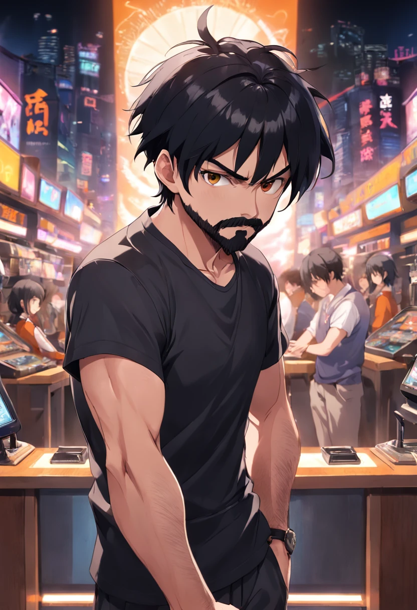 anime boy, forelock combed to the left, black hair, oval face, black beard and mustache, well-groomed beard, hair on the sides shaved in the machine 02, social black shirt, arms crossed, facing the camera, photo taken from the front, face forward, brown eyes, medium thin nose, pixar 3d style