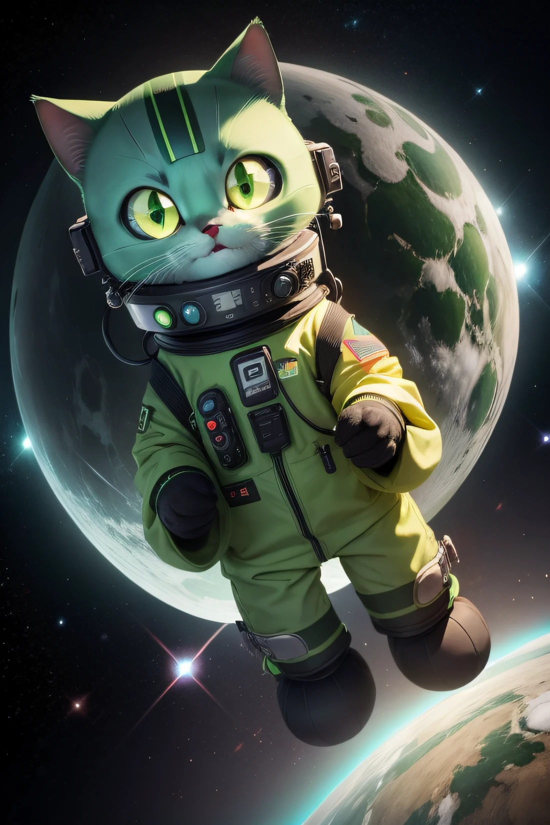 um gato espacial verde que seja fofo