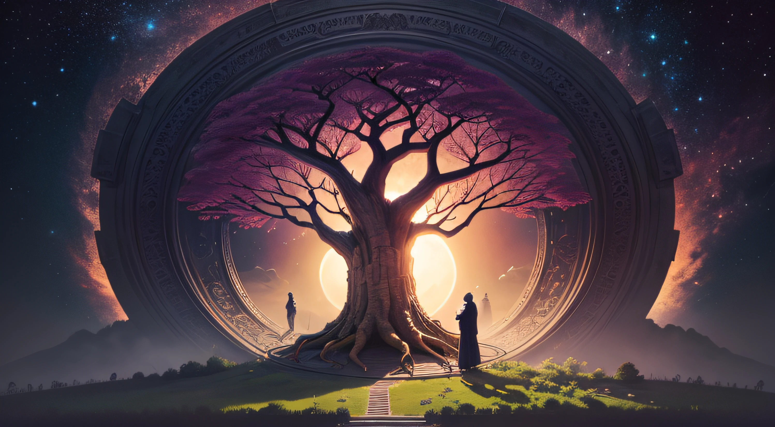 no centro da imagem, a grand Tree of Life. In the background a majestic celestial gate. Around the tree, milhares de pessoas contemplando sua beleza, impressionante, enigmatic, clear.