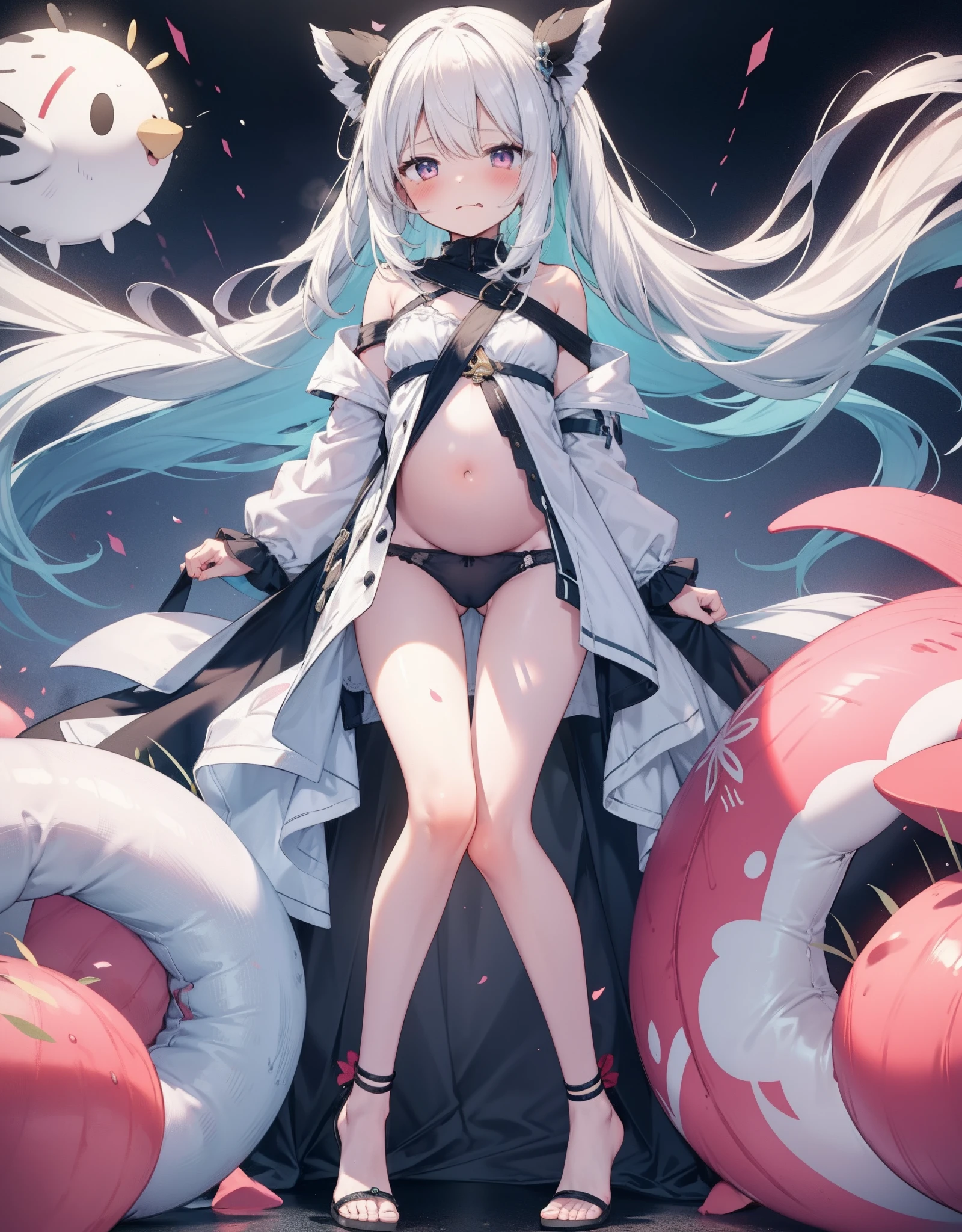 A who is pregnant,long white hair,Girls only have white bras and transparent panties,The girl's belly is round,The girl's legs were apart,Full body photo of the girl,look of anguish,There is a faint blush on the face,The long tongue sticks out of the mouth,Full body photo of girl lying on the ground,looking toward the viewer,