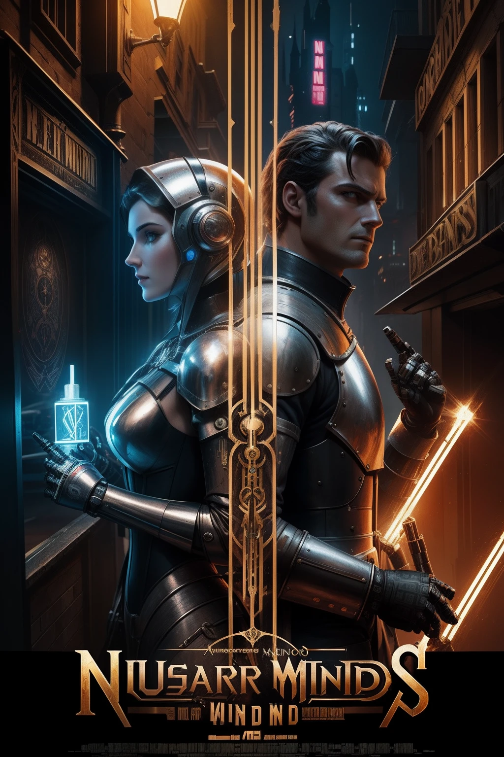 poster de cinema, Photo collage of robotic man and medieval woman, confronto entre mundos, lettering NEON WAR, imagem detalhada, highes definition, steampunk, noveau