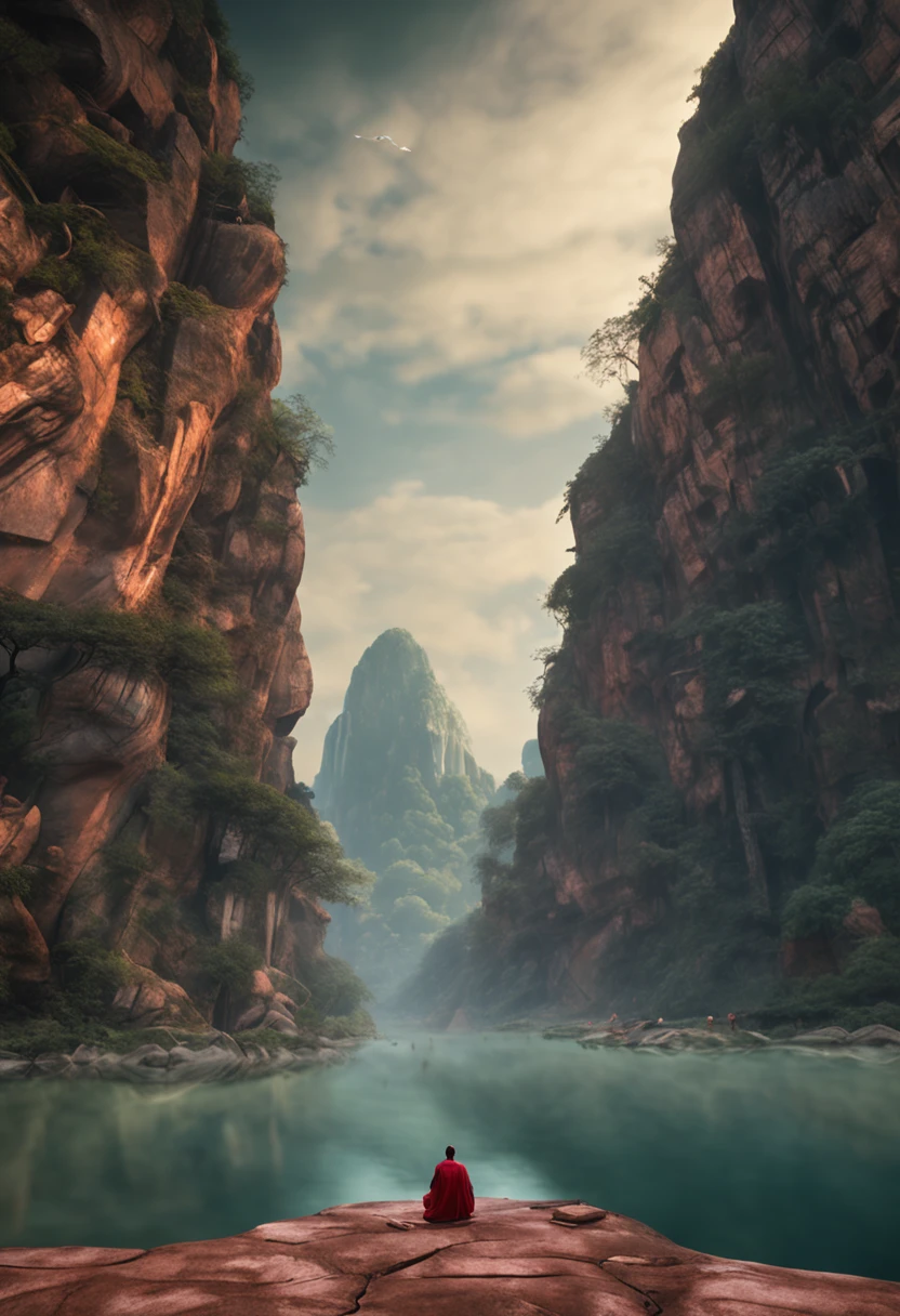 (A quasi-Buddha and the mountain are integrated),humongous large breast,Leshan Buddha,Together with nature,Surrealism, high detail, Hyperrealism, stereogram, cinematic lighting, god rays, UHD, masterpiece, textured skin, best quality, highres