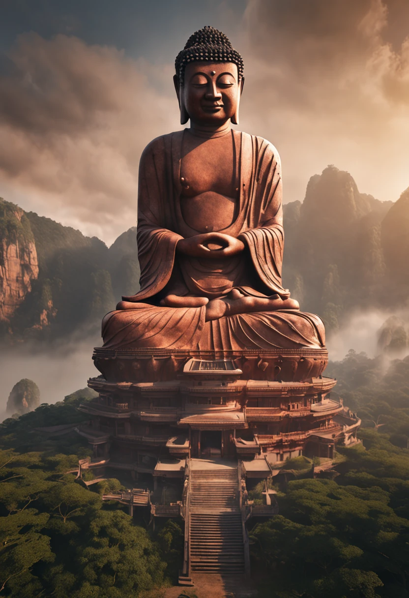 high buddha statue outside a red temple, sunny scenery