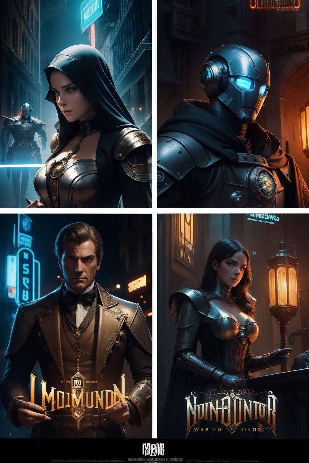 poster de cinema, Photo collage of robotic man and medieval woman, confronto entre mundos, lettering NEON WAR, imagem detalhada, highes definition, steampunk, noveau