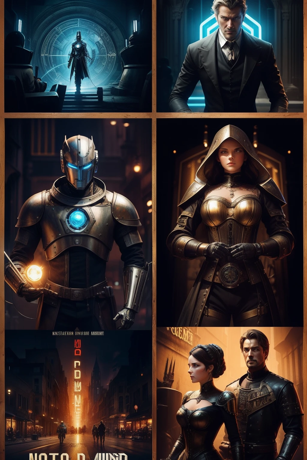 poster de cinema, Photo collage of robotic man and medieval woman, confronto entre mundos, lettering NEON WAR, imagem detalhada, highes definition, steampunk, noveau