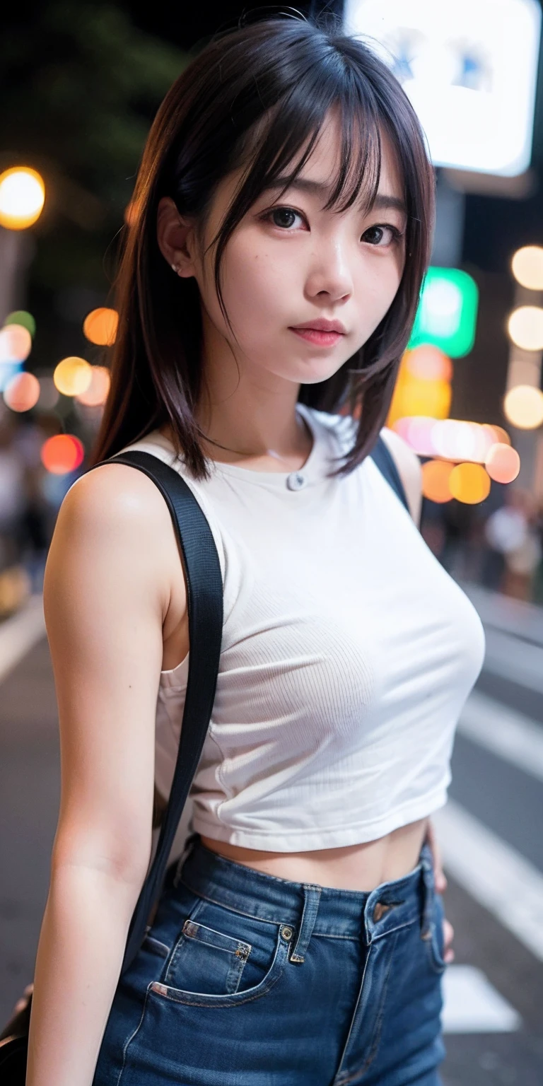 1 girl, Tokyo street, night, cityscape, city lights, upper body, close-up, blouse, smile, (8k, RAW photo, top quality, masterpiece: 1.2), (real, photoreal: 1.37),