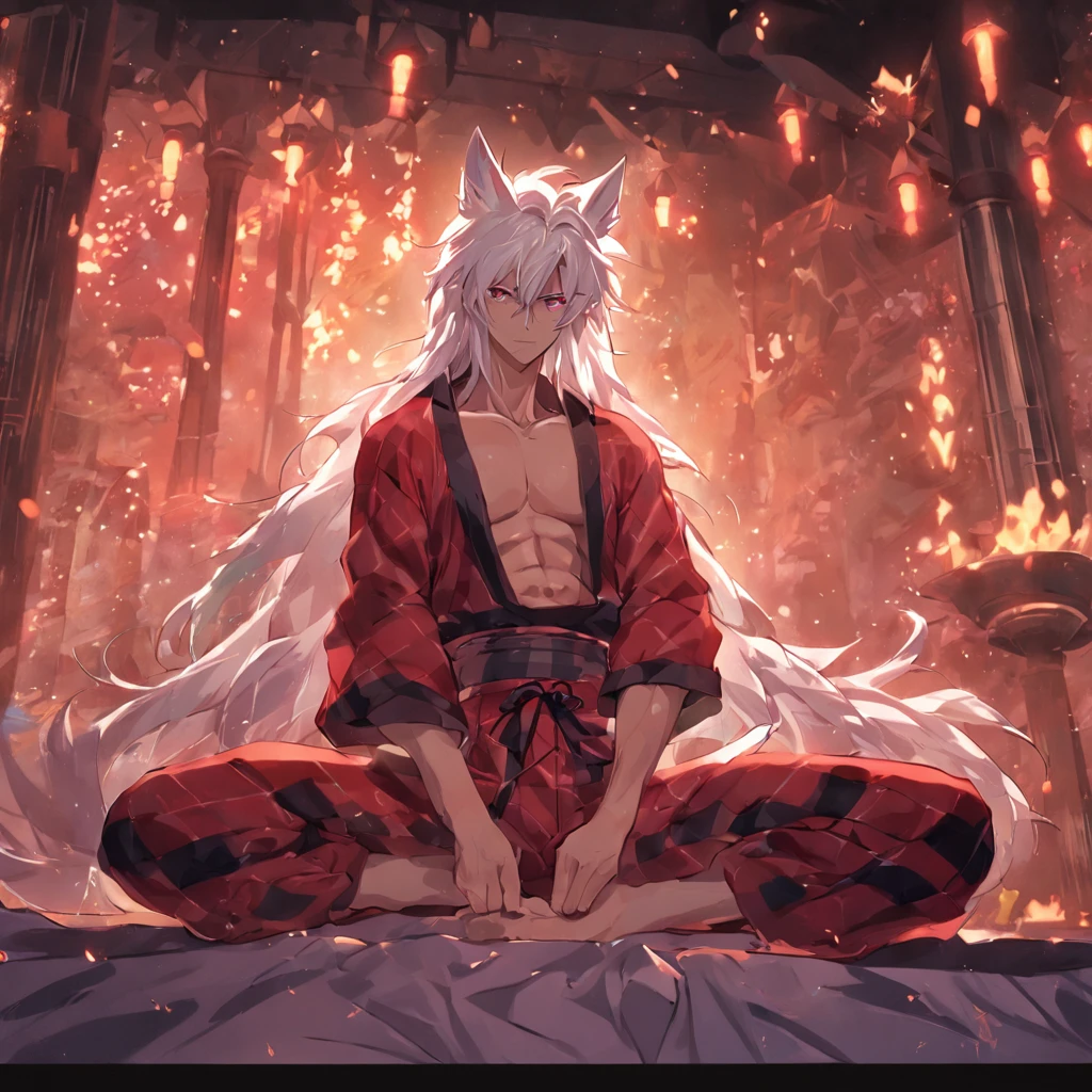 By bebebebebe, by spuydjeks, by buta99, by spikedmauler. muscular human male with long white hair, has wolf ears, has wolf tail, shirtless, wearing red plaid pajama pants, relaxing in bed