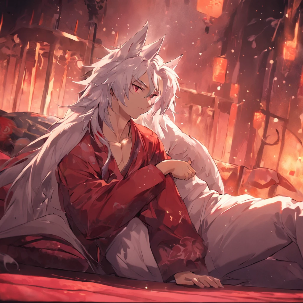 By bebebebebe, by spuydjeks, by buta99, by spikedmauler. muscular human male with long white hair, has wolf ears, has wolf tail, shirtless, wearing red plaid pajama pants, relaxing in bed