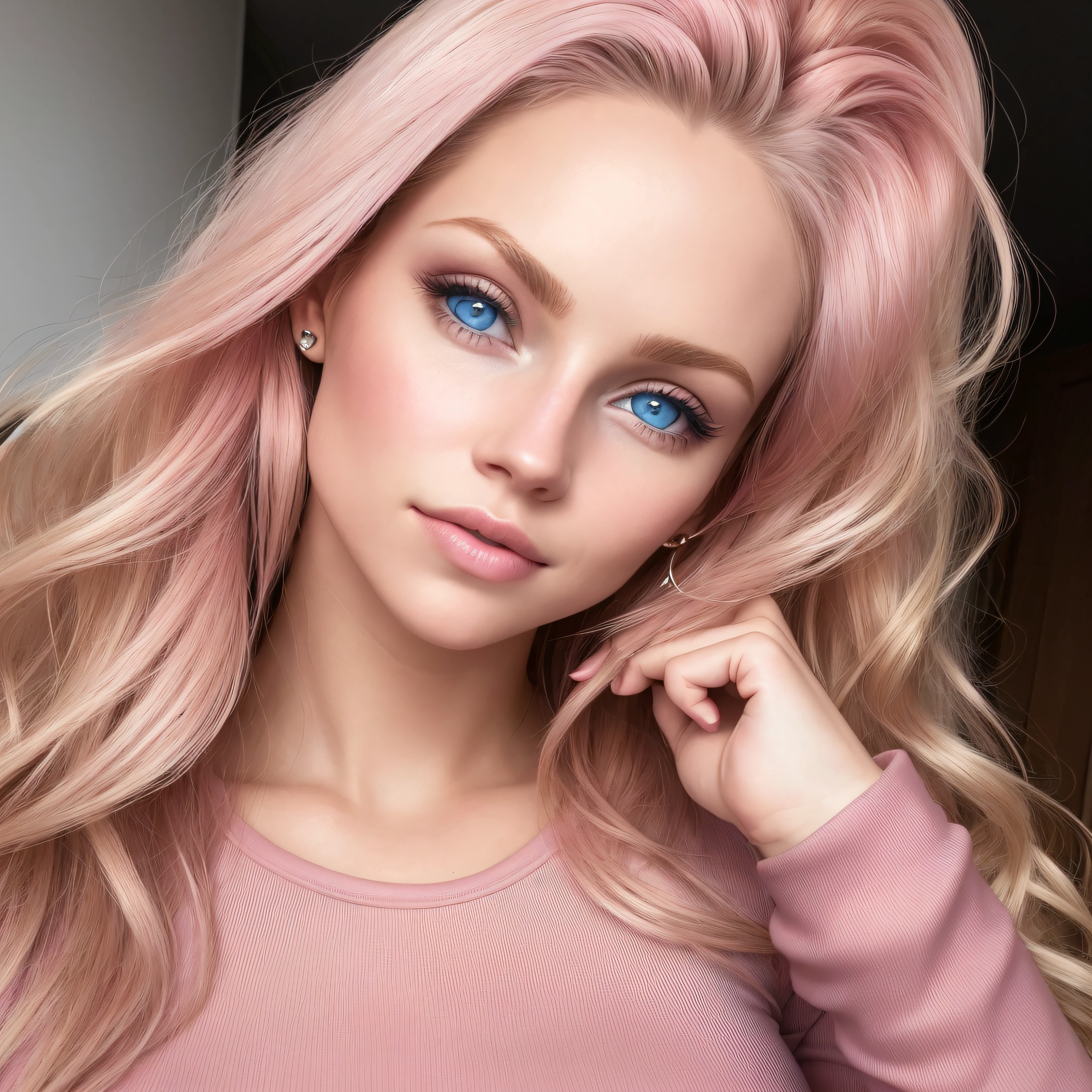 Aesthetic work, a single woman, blond hair, blue eyes, straight hair, pink cheeks, full lips, mischievous look, light brown skin, pink metallic leggings, sexy build,