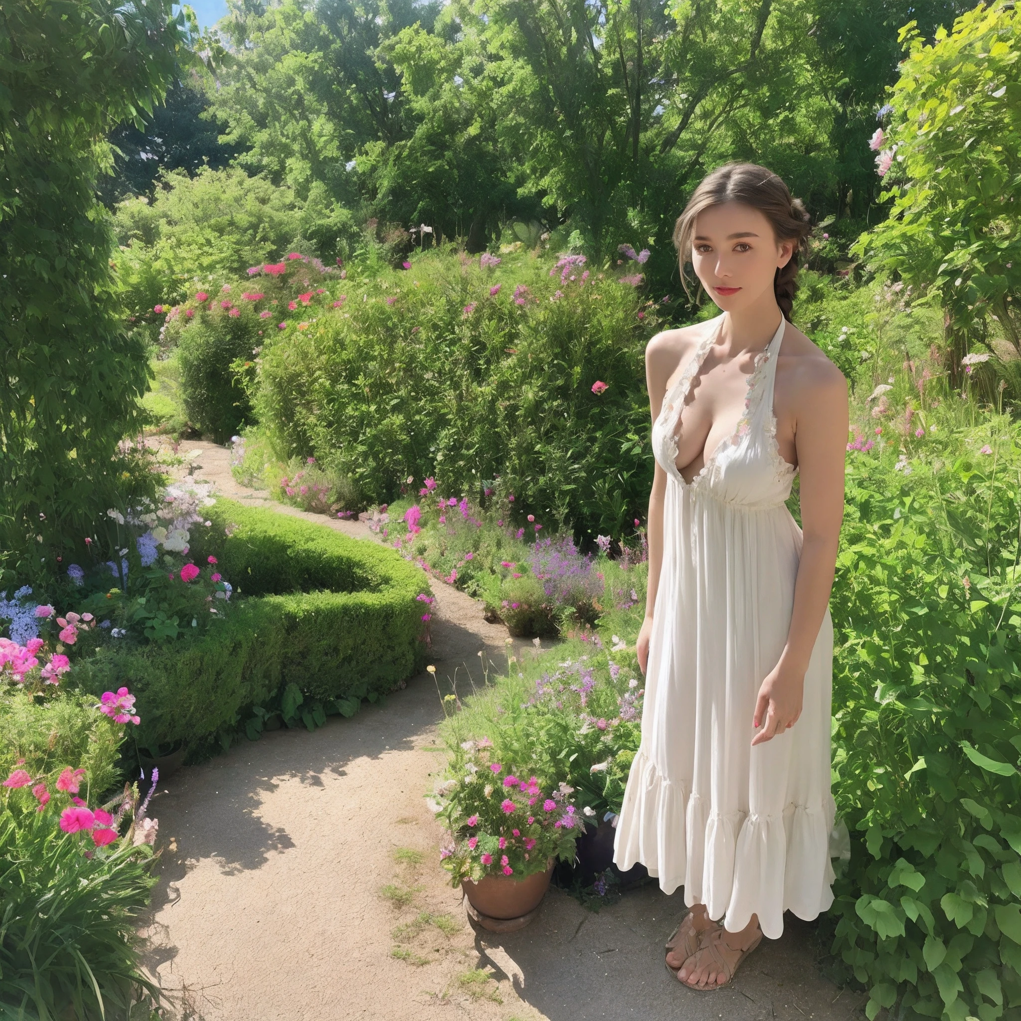 Woman, look at viewer, French braid hair , flower Halter Dress, cleavage, garden landscape design, (rim light)