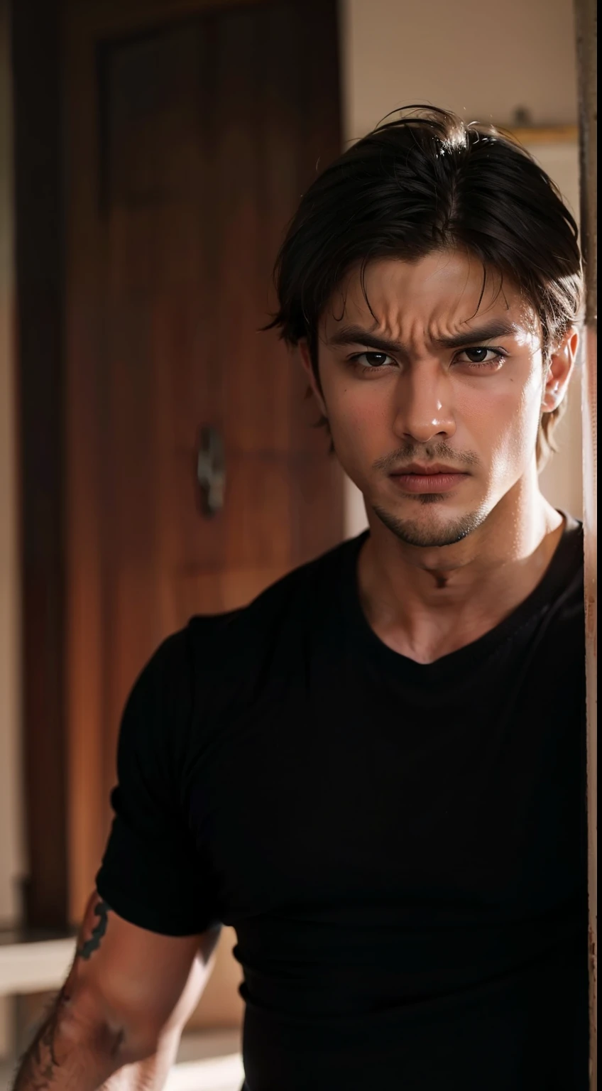 a young, irate, and the eye-catching charming hunk exudes a strong charm，With anger on his face