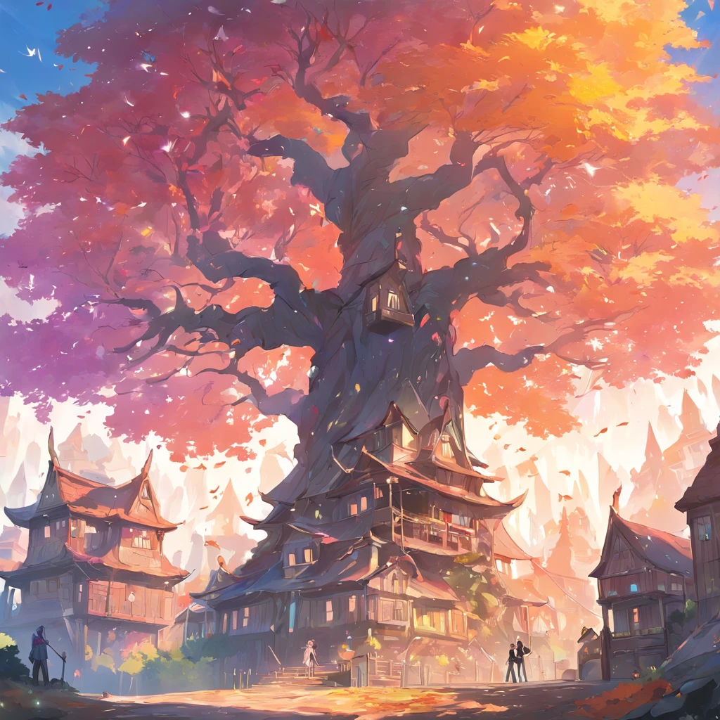"A towering tree with vibrant rainbow-colored leaves, casting its majestic shadow over an enchanting fantasy village."